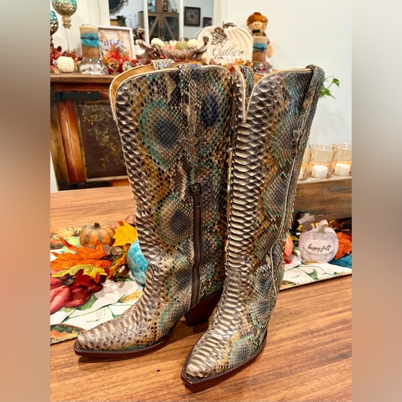 Dan Post Snakeskin Heeled Boots in Brown and Green - Picture 3 of 6